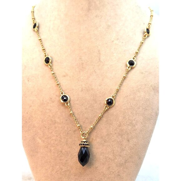 Gold-Plated Necklace With Black Crystal Drop Pendant & Accents - MONET - Picture 3 of 3